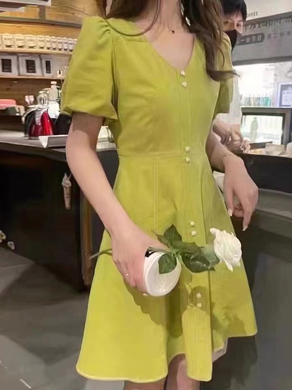 HiF韩一坊女装2022春夏季绿色连衣裙