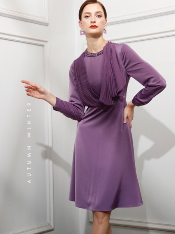 都姿女装2021秋冬季紫色连衣裙