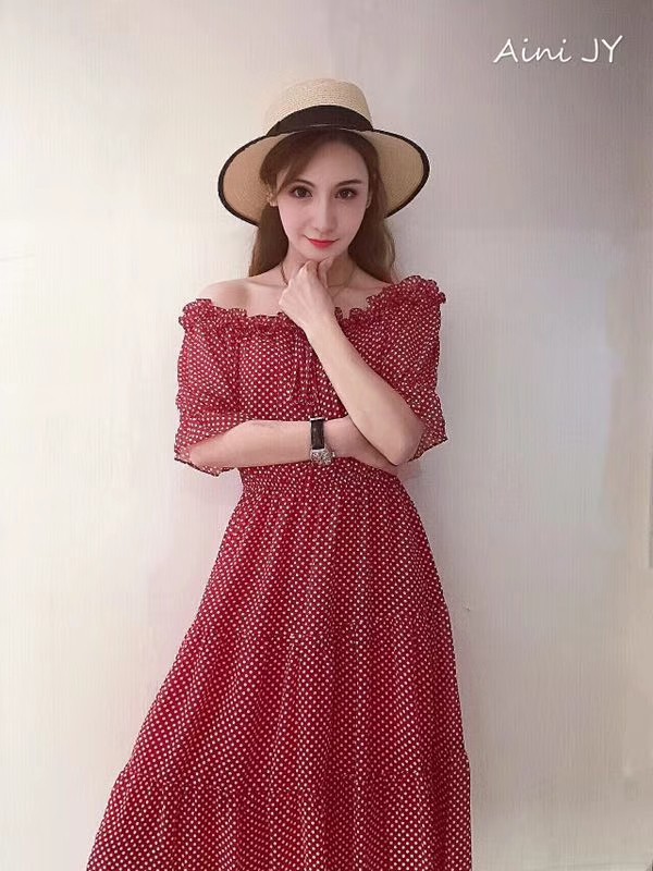 AiniJY2022春夏季酒红色连衣裙