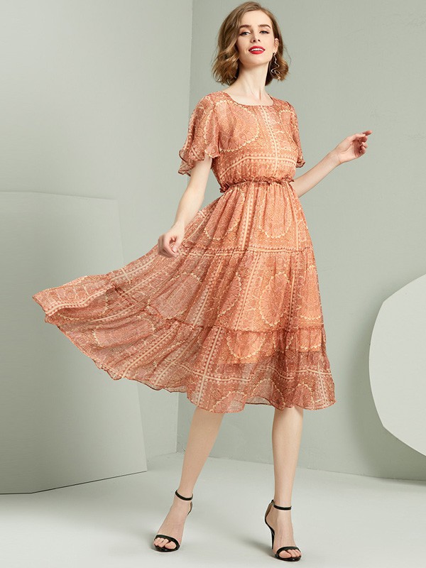 安纳菲尔女装2022春夏季橙色连衣裙
