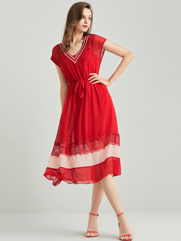 安纳菲尔女装2022春夏季红色连衣裙