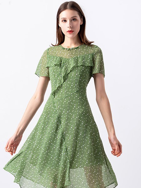 安秀 女装2022春夏季绿色连衣裙