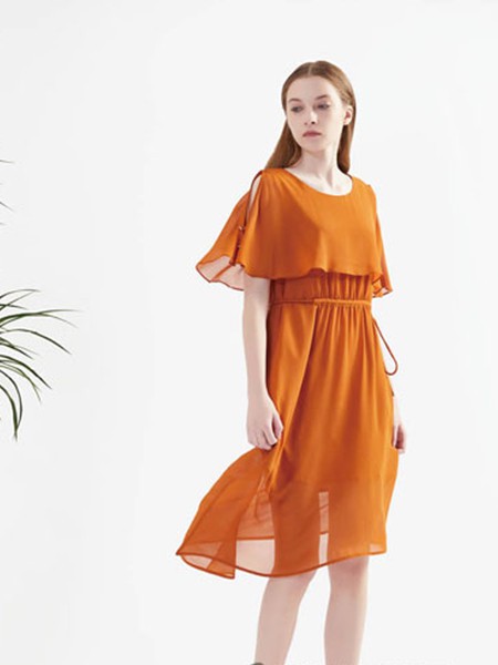 布同 女装2022春夏季橙色连衣裙