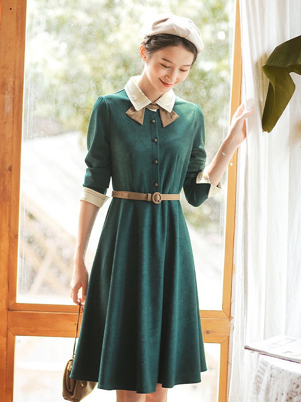 红念2023春夏季绿色衬衫裙