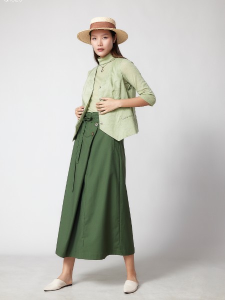 米可秋赋女装2023春夏季绿色长裙