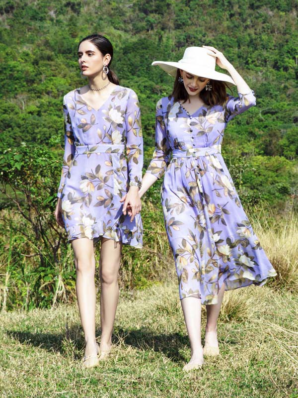 依歌女装2023春夏季紫色连衣裙