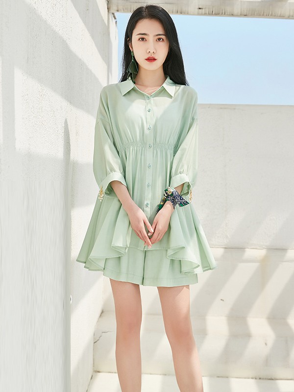 慧兰2023春夏季绿色衬衫裙