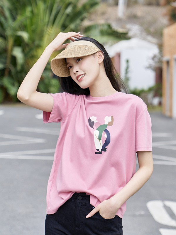 安缇诗女装2023春夏季粉色T恤