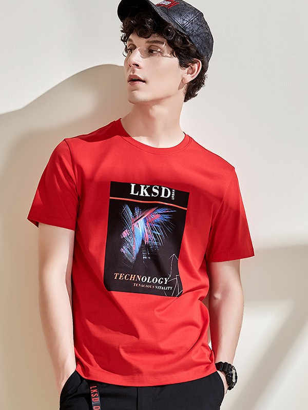 莱克斯顿男装2023春夏季红色T恤
