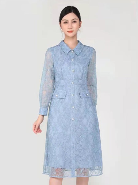 红凯贝尔2023春夏季蓝色连衣裙