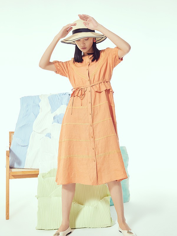 钡禾2023春夏季橙色衬衫裙