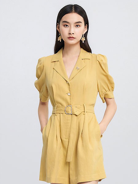 红袖女装2023春夏季黄色连衣裙