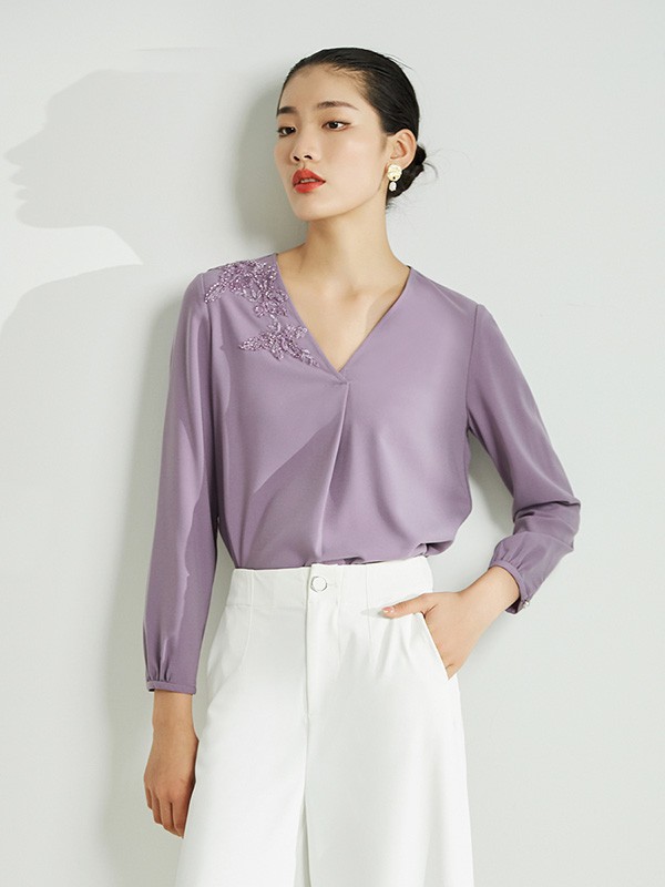 粉蓝衣橱女装2023春夏季紫色T恤
