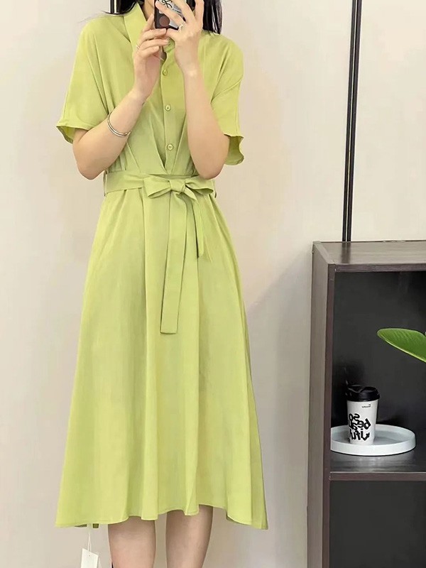 赫本家女装2023春夏季绿色衬衫裙