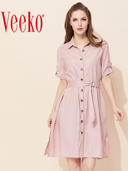 VEEKO2023春夏季粉色衬衫裙