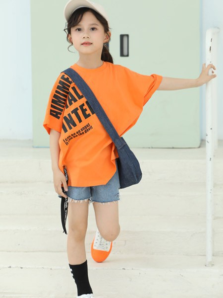 艾米艾门童装2023春夏季橙色T恤