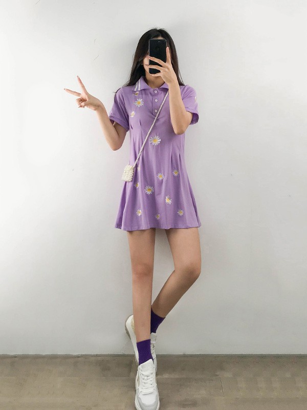 噢吔女装2023春夏季紫色连衣裙