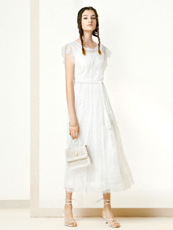 裘堤婼女装2023春夏季白色连衣裙