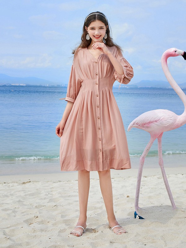三彩女装2023春夏季粉色衬衫裙