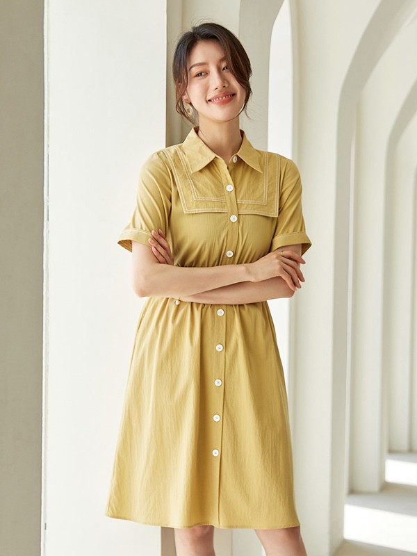 纳纹2023春夏季黄色衬衫裙
