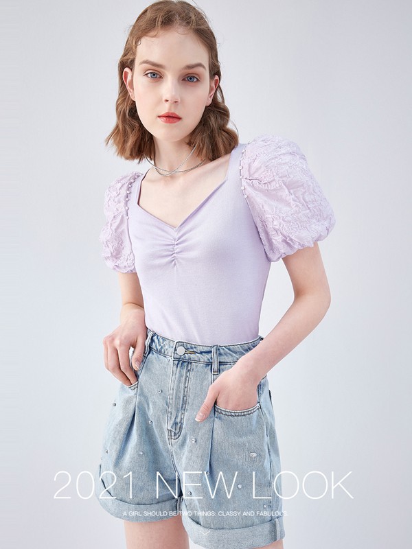 可可尼女装2023春夏季紫色T恤