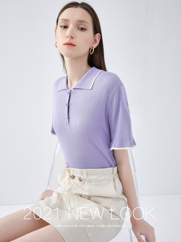可可尼女装2023春夏季紫色polo衫