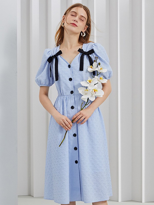 紫淑2023春夏季蓝色衬衫裙