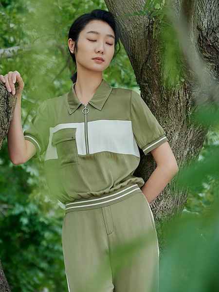 浅秋女装2023春夏季绿色polo衫
