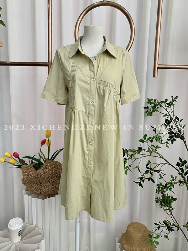 西橙子女装2023春夏季绿色衬衫裙
