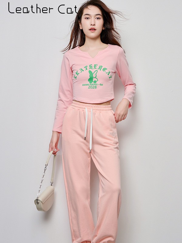 Leathercat（皮猫）女装2023秋冬季粉色T恤