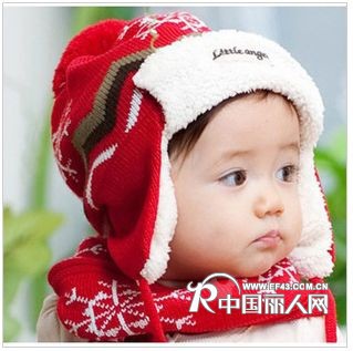 韩版秋冬儿童帽宝宝帽婴儿帽男童女童大红雪花图案帽子围巾两件套
