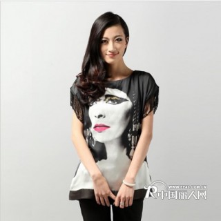 2012新品 女士雪纺流苏装饰面部图案印花T恤 6G1280A
