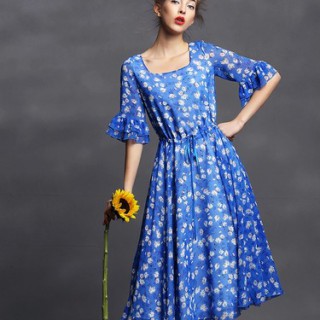 欧尚乐品Auchan夏季新品宝蓝撞色波点连衣裙